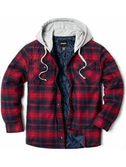 Mens Hooded Quilted Lined Flannel Shirt Jacket, Long Sleeve Plaid Button Up