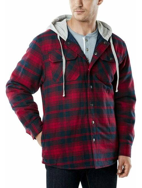 CQR Mens Hooded Quilted Lined Flannel Shirt Jacket, Long Sleeve Plaid Button Up