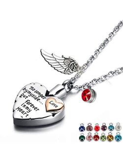 PREKIAR Heart Cremation Urn Necklace for Ashes Angel Wing Jewelry Memorial Pendant and 12 PCS Birthstones No Longer by My Side But Forever in My Heart
