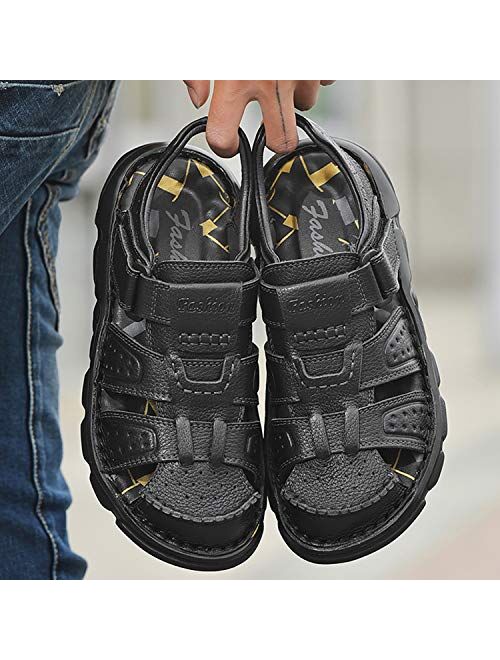 Feichi Men's Sport Sandals Closed Toe Outdoor Handmade Leather Sandal Adjustable Summer Fisherman Beach Shoes