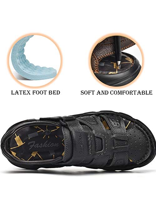 Feichi Men's Sport Sandals Closed Toe Outdoor Handmade Leather Sandal Adjustable Summer Fisherman Beach Shoes