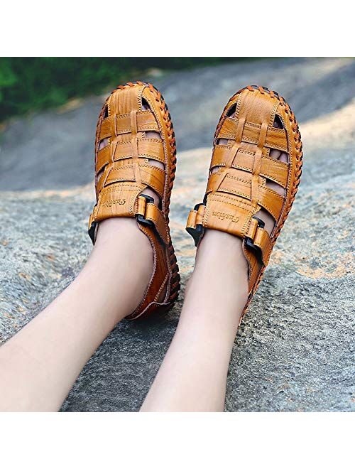 Mens Hand Stitching Walking Closed Toe Leather Sandals Casual Round Toe Slippers 