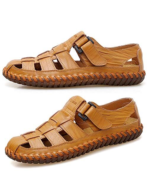 Moodeng Mens Sport Sandals Closed Toe Outdoor Fisherman Shoes Leather Summer Beach Loafters Breathable Anti-Slip 