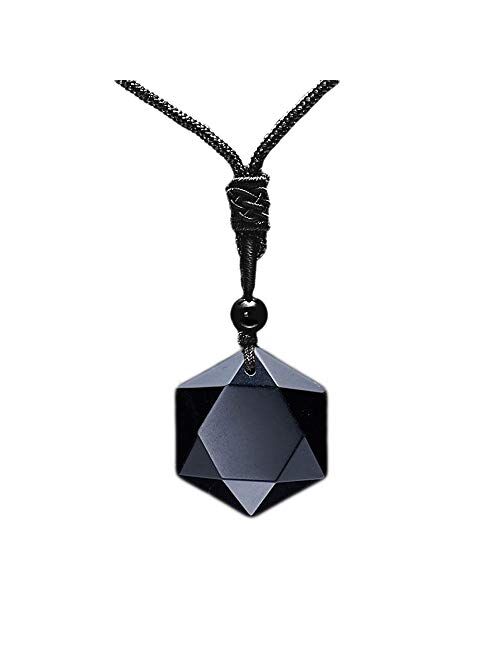 MENGLINA Black Obsidian Hexagram Natural Stone Necklace Translucent Ice Obsidian Wolf Tooth Amulet His and Hers Couples Necklace Lucky Love Pendant Necklace for Men Women