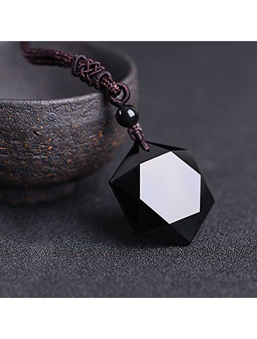 MENGLINA Black Obsidian Hexagram Natural Stone Necklace Translucent Ice Obsidian Wolf Tooth Amulet His and Hers Couples Necklace Lucky Love Pendant Necklace for Men Women