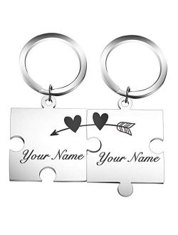 Fanery Sue Personalized Name Puzzle Pieces Matching Necklace/Kaychain for Love Best Friends Family Custom Name/Date Matching Pendant Set with Gift Box