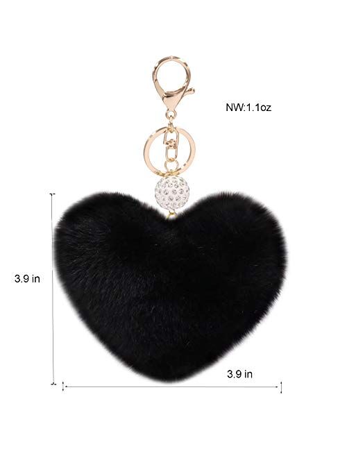Women's Heart Faux Fur Pom Pom Key Chains Bag Accessory Puffball Keyring Backpack Charms for Girls