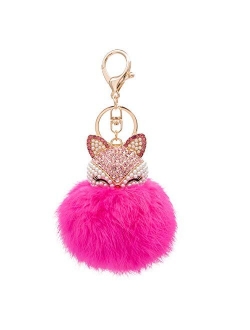 HOYUNLA Rabbit Fur Ball Pom Pom Keychain with Fox Head Inlay Pearl Rhinestone for Women Backpack Car Key Chain Decoration
