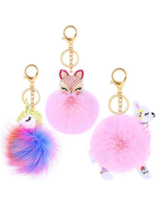 3 Pieces Animal Pom Pom Keychain Cute Fluffy Key Ring Unicorn Keychain for Women Bag Accessories