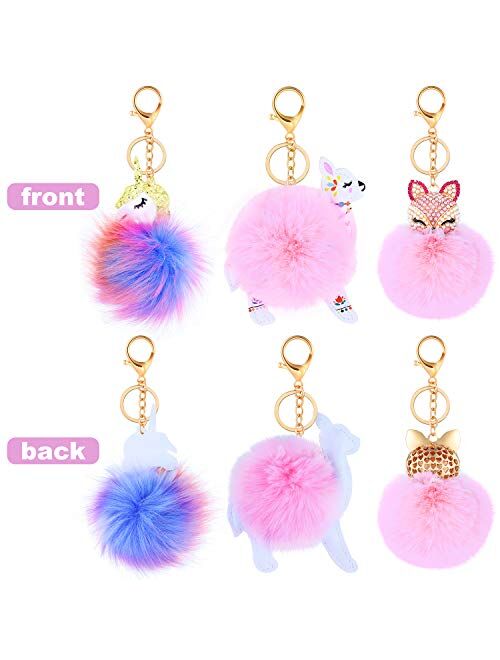 3 Pieces Animal Pom Pom Keychain Cute Fluffy Key Ring Unicorn Keychain for Women Bag Accessories