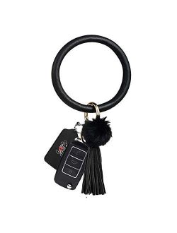 Key Ring Bracelet Wristlet Keychain Bracelet Bangle Leather Circle Tassel Pom Pom Keyring Holder Bag Charms For Women Girls