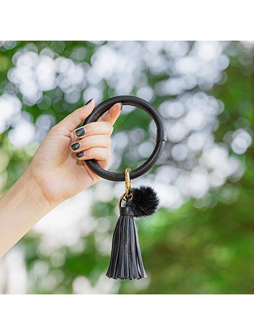 Key Ring Bracelet Wristlet Keychain Bracelet Bangle Leather Circle Tassel Pom Pom Keyring Holder Bag Charms For Women Girls