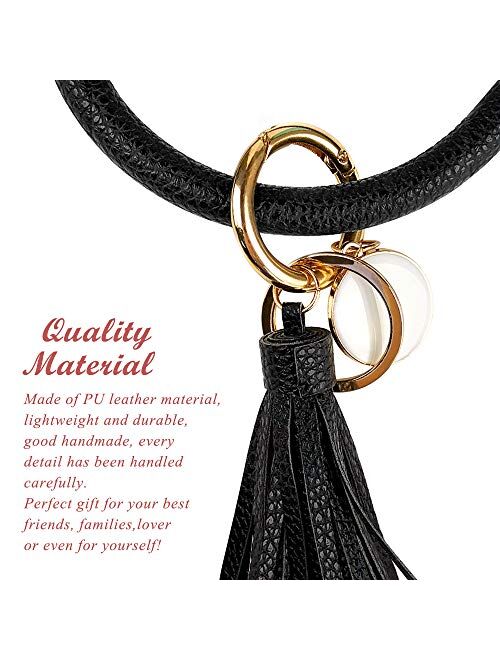 2pcs Wristlet Keychain Bracelet Bangle Keyring, Circle Key Ring Leather Tassel Bracelet Holder For Women Girl