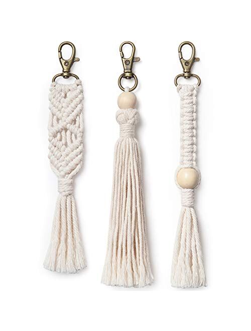 Mkono Mini Macrame Keychains Boho Bag Charms with Tassels Handcrafted Accessory for Car Key Holder, Purse, Phone Wallet,Valentine,s Day Party Supplies Gift, White, 3Pack