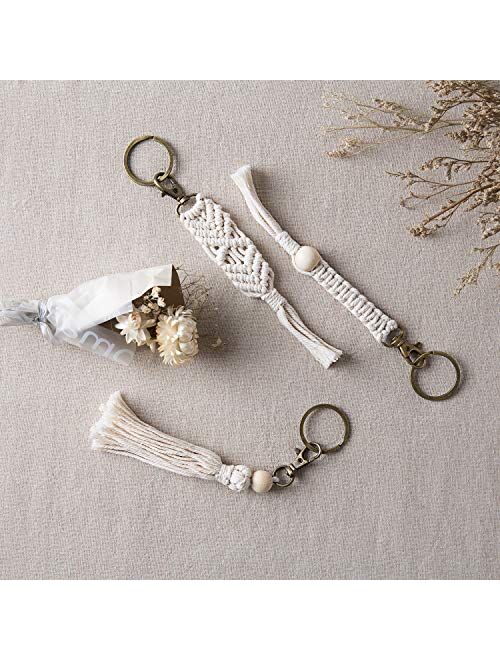 Mkono Mini Macrame Keychains Boho Bag Charms with Tassels Handcrafted Accessory for Car Key Holder, Purse, Phone Wallet,Valentine,s Day Party Supplies Gift, White, 3Pack