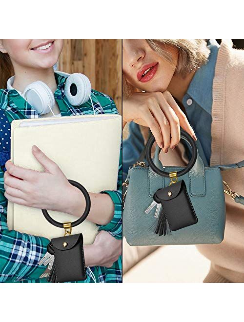 Keychain Wallet Bracelet,2 Pack Key Ring Bracelet and Card Pocket Leather Tassel