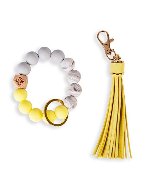 Dizzy Creek Designs Silicone Key Ring Keychain Bracelet, Women Beaded Bangle Keychain Wristlet Leather Tassel