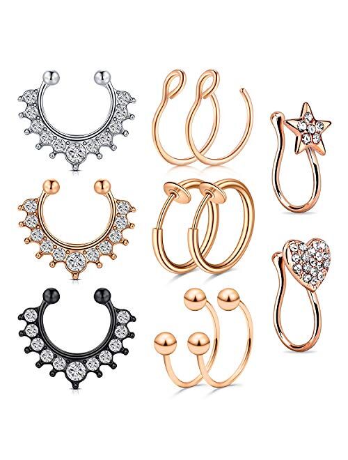 QWALIT Fake Septum Nose Ring Face Nose Hoop Nose Ring Non Pierced Clip Small Helix Tragus Earrings Hoop Moon Faux Body Piercing Jewelry for Women Men