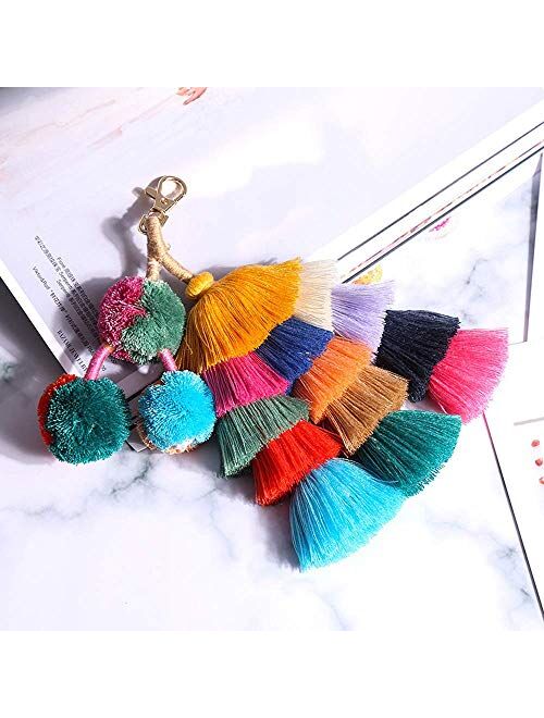 Tassel Pom Pom Key Chain Colorful Boho Charm Key Ring, Fashion Accessories for Women