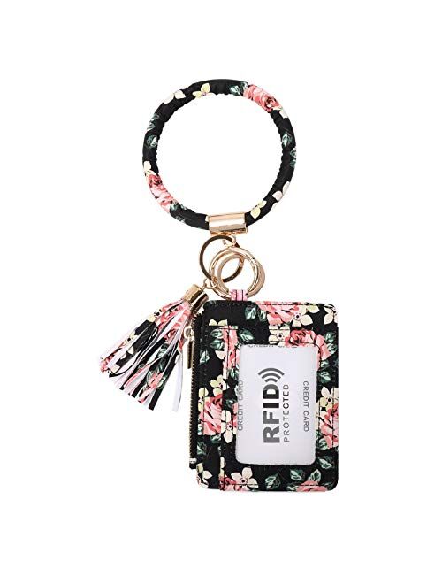 Keychain Wallet for Women, RFID Blocking Credit Card Holder With O Ring, Wristlet Coin Purse Bracelet Tassel Bangle