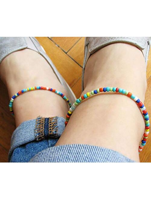 XIJIN 8Pcs Handmade Beaded Anklets for Women Girls Boho Colorful Beads Ankle Bracelets Adjustable Foot Anklet Set