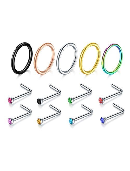 Incaton Nose Stud Ring, 13PCS-23PCS 18G 316L Surgical Stainless Steel Body Jewelry Piercing Nose Rings