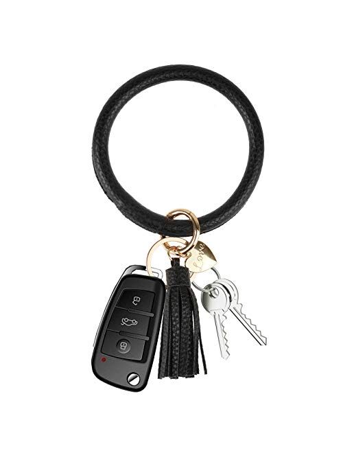 NISFAR Key Chain Key Ring Bracelets Wristlet Keychain Bangle Keyring Large Circle Leather Tassel Bracelet Holder For Women