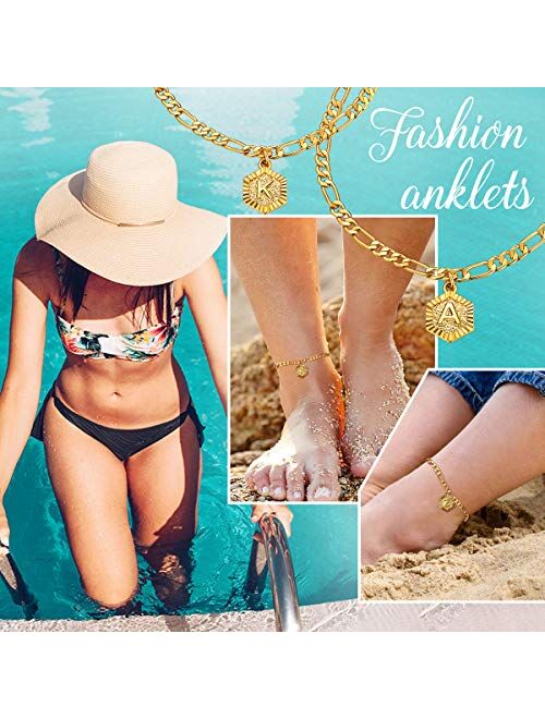 FOCALOOK 4.5mm Figaro Gold Chain Anklets with Initial Ankle Bracelet for Women Teen Girls-22-27cm Length-Adjustable (Send Gift Box)
