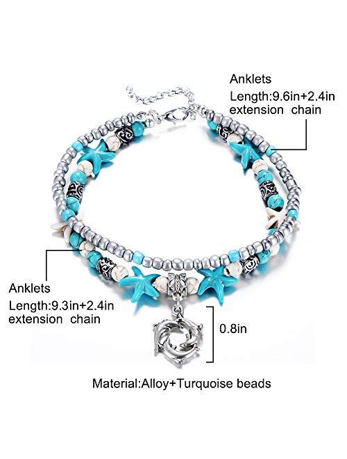 Dolphin Blue Boho starfish Beach Bracelet Anklet Beaded Anklet Shell Multi-layer Anklets Jewelry Gifts for Girls
