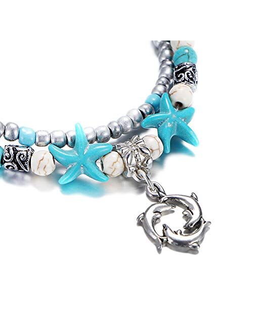 Dolphin Blue Boho starfish Beach Bracelet Anklet Beaded Anklet Shell Multi-layer Anklets Jewelry Gifts for Girls