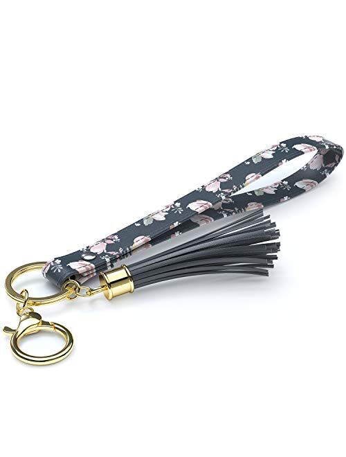 Rose Lake Wristlet Keychain with Tassels Wrist Lanyard Key Chain Holder Floral Leather Hand Strap Car Keyring for Women Girls