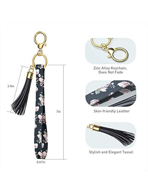 Rose Lake Wristlet Keychain with Tassels Wrist Lanyard Key Chain Holder Floral Leather Hand Strap Car Keyring for Women Girls