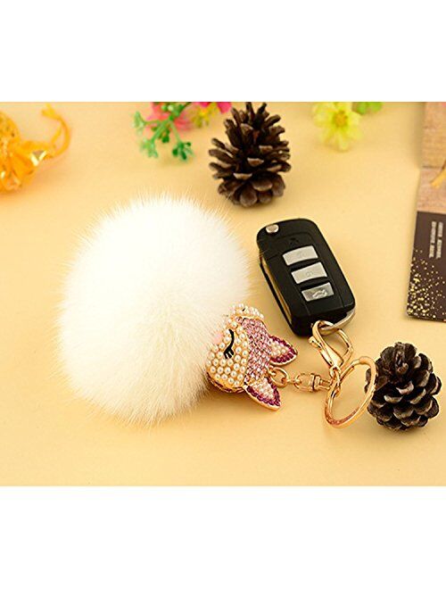JOUDOO Fluffy Fur Ball Keychain With Gift Box Fox Head Pom Pom Keyring GJ020