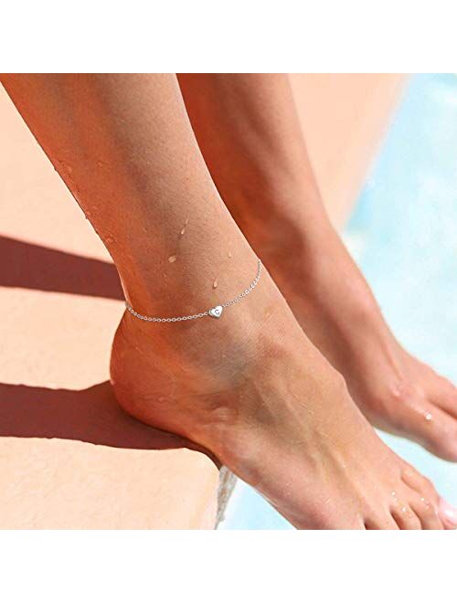 ChicSilver 925 Sterling Silver Initial Anklets for Women Teen Girls Dainty Beach Heart Ankle Bracelet Foot Jewelry-Adjustable Size(with Gift Box)