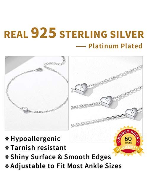 ChicSilver 925 Sterling Silver Initial Anklets for Women Teen Girls Dainty Beach Heart Ankle Bracelet Foot Jewelry-Adjustable Size(with Gift Box)