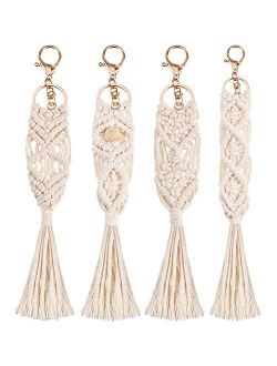 4 Pieces Mini Macrame Keychains Boho Macrame Bag Charms with Tassels Handcrafted Accessory for Car Key Purse Phone Supplies, Beige