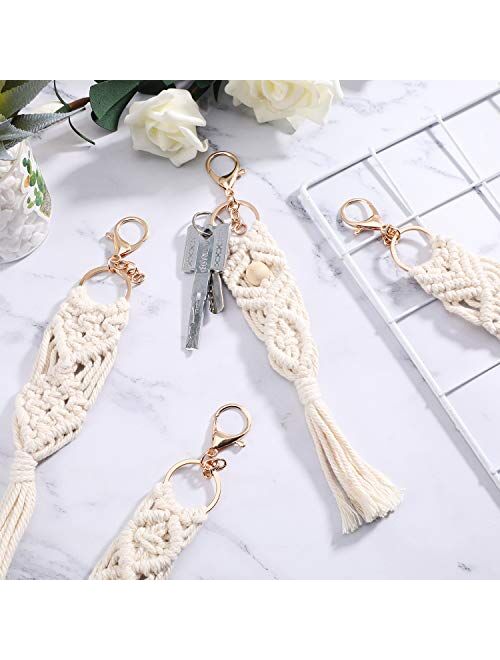 4 Pieces Mini Macrame Keychains Boho Macrame Bag Charms with Tassels Handcrafted Accessory for Car Key Purse Phone Supplies, Beige