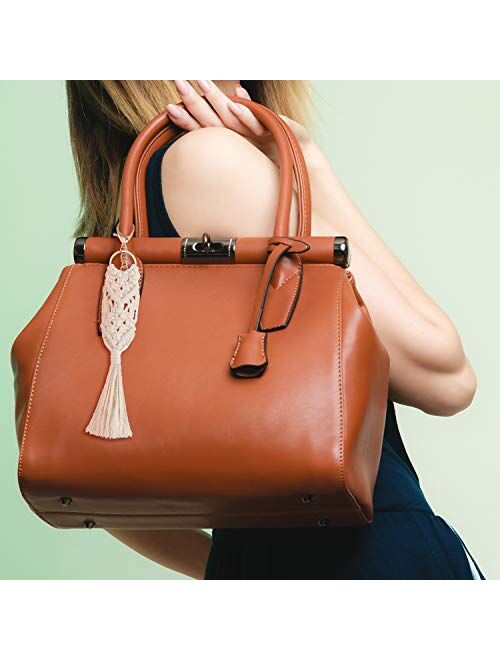 4 Pieces Mini Macrame Keychains Boho Macrame Bag Charms with Tassels Handcrafted Accessory for Car Key Purse Phone Supplies, Beige