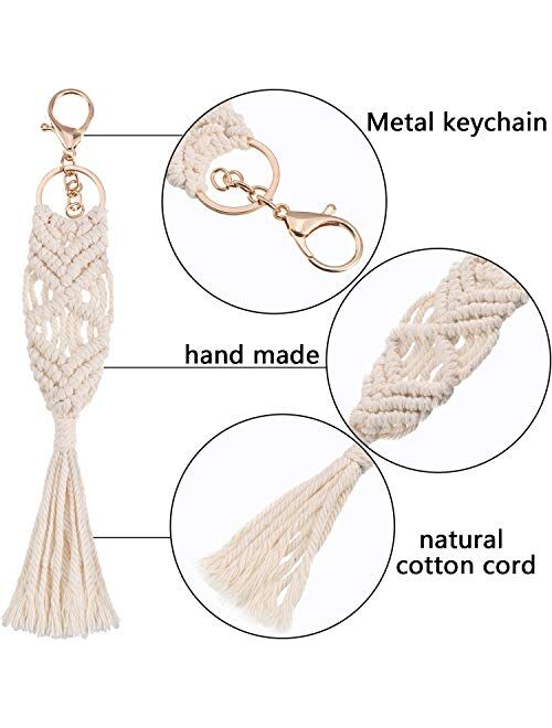 4 Pieces Mini Macrame Keychains Boho Macrame Bag Charms with Tassels Handcrafted Accessory for Car Key Purse Phone Supplies, Beige