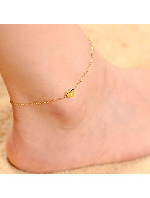 VU100 Dainty Heart Initial Letter Anklet Bracelet, Silver/Gold/Rose Gold Stainless Steel Alphabet Charm for Women Girls Foot Ankle Jewelry Gift