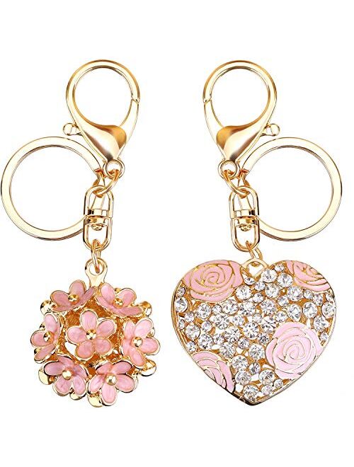 SKINEAT Flowers Ball Keychain and Sweet Love Heart Rose Flower Crystal Keyring, 2 Pieces, Multicolor, Medium