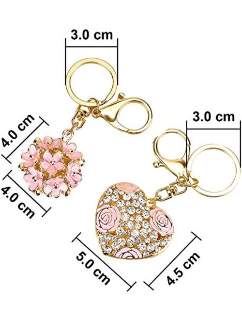 SKINEAT Flowers Ball Keychain and Sweet Love Heart Rose Flower Crystal Keyring, 2 Pieces, Multicolor, Medium