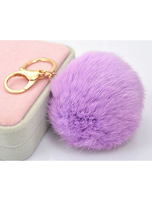 18 K Gold Plated Keychain with Plush Cute Genuine Rabbit Fur Key Chain for Car Key Ring or Bags 0025 (Color 15)