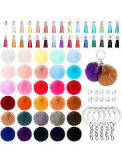 150 Pieces Pom Pom Keychain Fluffy Faux Fur Pompoms Keychain with Tassels and Keyrings for Bag Charm Accessories