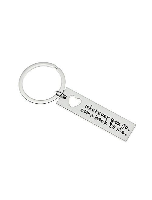 MS. CLOVER Hand Stamped Boyfriend Keychain, Wherever You Go Come Back to Me Keychain Gift for him, Moving Away Gifts, Friend Gifts.