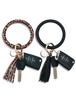 2PCS Leather Wristlet Keychain Bracelet Bangle Round Large Circle Tassel Key Ring Chain Bracelet Holder for Women Girls