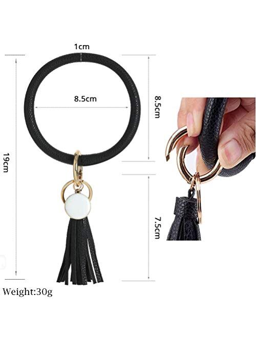 2PCS Leather Wristlet Keychain Bracelet Bangle Round Large Circle Tassel Key Ring Chain Bracelet Holder for Women Girls