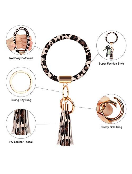 Keychain Round Car Keyring Chain 3 PCS Cute Key Ring Tassel Bracelets Wristlet Key Chains Women for Girl and Valentine Birthday Party Gifts (Leopard, Marble White, Black)