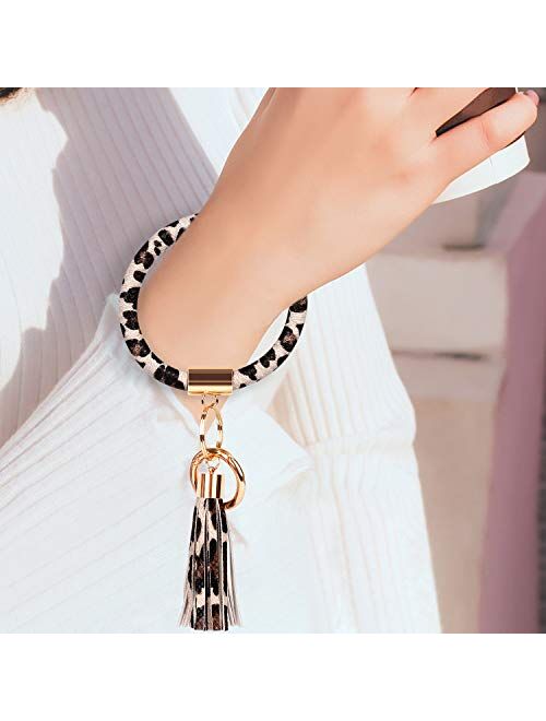 Keychain Round Car Keyring Chain 3 PCS Cute Key Ring Tassel Bracelets Wristlet Key Chains Women for Girl and Valentine Birthday Party Gifts (Leopard, Marble White, Black)
