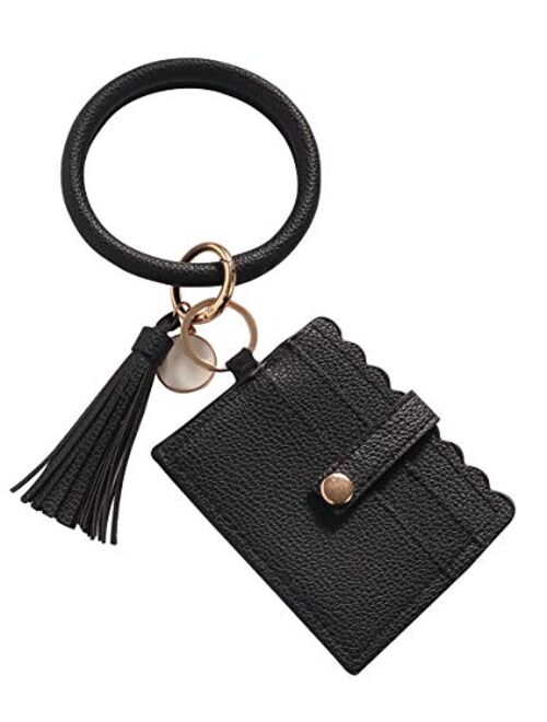 Women Wristlet Bracelet KeychainKeyring Bangle PU Leather Tassel Round Keychain Wallet with Card Holder by THOVSMOON